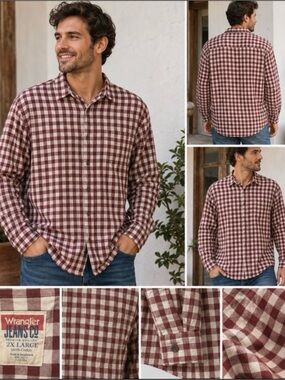 Wrangler Men's Burgundy Gingham Plaid Long Sleeve Button Down Shirt 2XL XX-Large